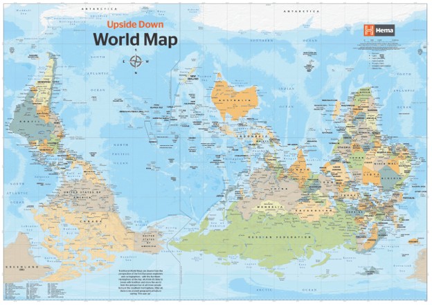 Upside Down World Map  1000x707  Laminated Tubed