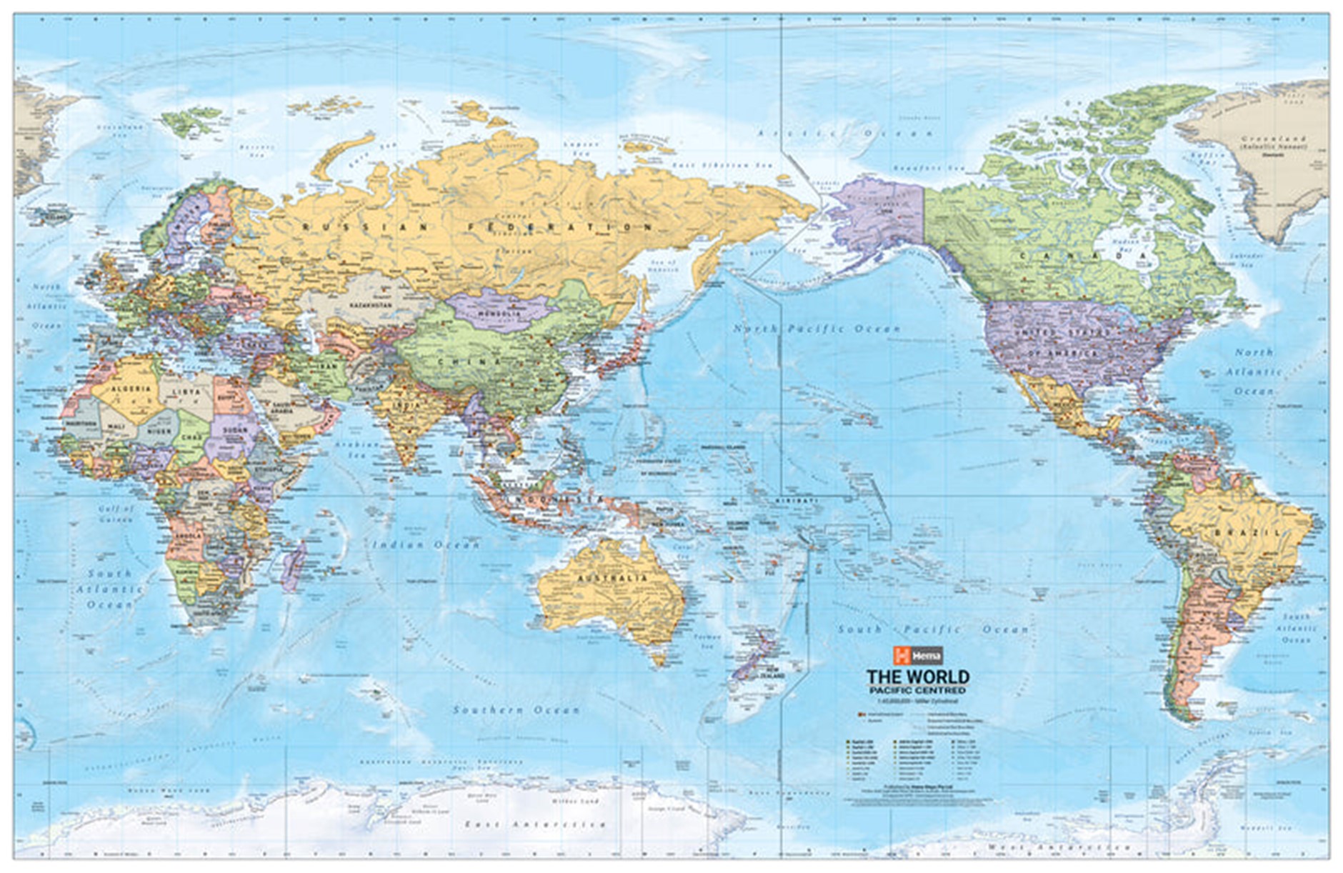 New World Political Pacific Centred Wall Map 1000 x 650mm Laminated Tubed